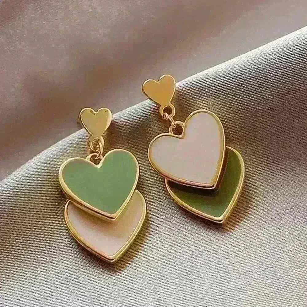 Double Green and White Heart Drop Earrings